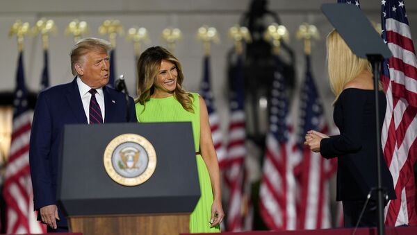 President Donald Trump and first lady Melania Trump smile at Ivanka Trump as they arrive on South Lawn of the White House on the fourth day of the Republican National Convention, Thursday, Aug. 27, 2020 - Sputnik International