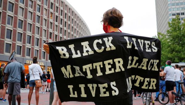 A demonstrator holds a Black Lives Matter banner  - Sputnik International