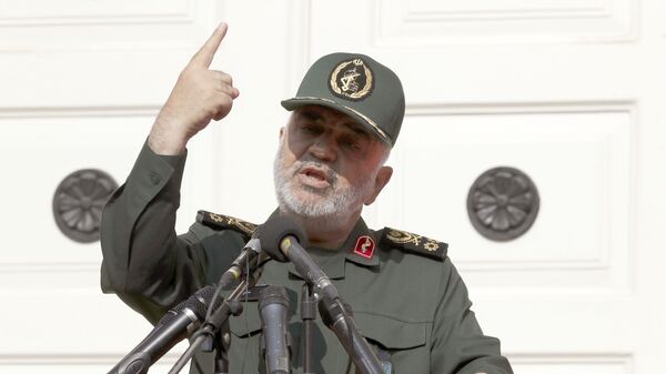 In this 2 November 2019 file photo, Chief of Iran's Revolutionary Guard Gen. Hossein Salami speaks in a ceremony to unveil new anti-U.S. murals painted on the walls of former U.S. embassy in Tehran, Iran. The chief of Iran's powerful Revolutionary Guard warned 27 January 2020,  that it will retaliate against American and Israeli commanders if the U.S. continues to threaten top Iranian generals. “I warn them to withdraw from this field,” Gen. Hossein Salami told state television, adding if they do not, they “will definitely regret it.”  - Sputnik International