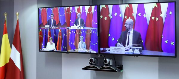 European Council President Charles Michel, High Representative of the European Union for Foreign Affairs and Security Policy Josep Borrell (not pictured) and connected via video European Commission President Ursula von der Leyen and German Chancellor Angela Merkel take part in a virtual summit with China's President Xi Jinping, in Brussels, Belgium September 14, 2020 European Council President Charles Michel, High Representative of the European Union for Foreign Affairs and Security Policy Josep Borrell (not pictured) and connected via video European Commission President Ursula von der Leyen and German Chancellor Angela Merkel take part in a virtual summit with China's President Xi Jinping, in Brussels, Belgium September 14, 2020 - Sputnik International