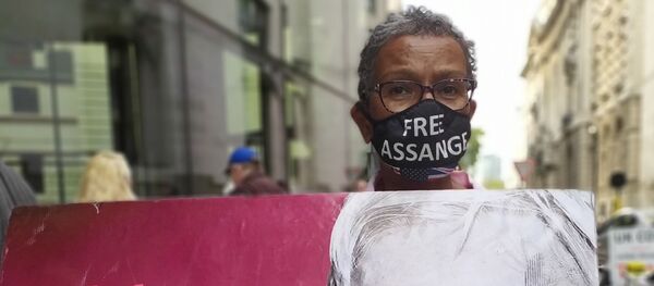 Assange supporter with a banner outside the Old Bailey on 15 September 2020 - Sputnik International