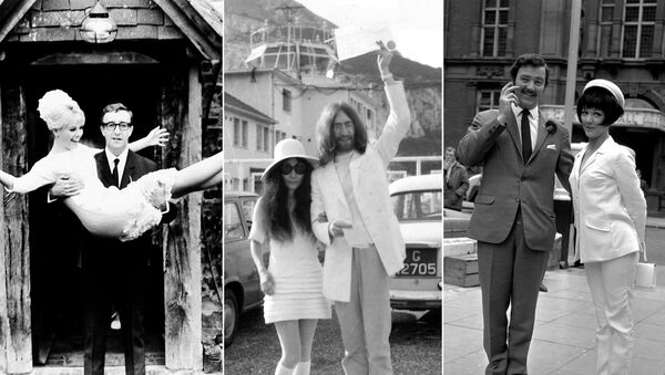 Swedish Actress Britt Ekland (L) with husband, British actor Peter Sellers on 19 February 1964; Japanese artist Yoko Ono (C) after her wedding with musician and member of The Beatles, John Lennon, on 20 March 1969; English actress Amanda Barrie (R) with husband, actor Robin Hunter on 19 June 1967 - Sputnik International