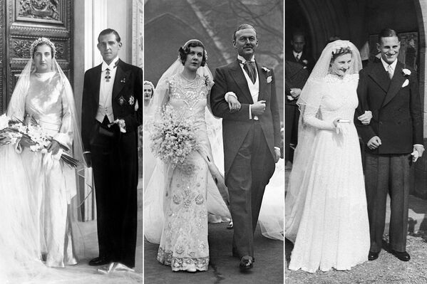 Princess María de las Mercedes of the Two Sicilies (L) with her husband Infante Juan of Spain on 12 October 1935; English socialite Nancy Beaton (C) with husband Sir John Smiley on 18 January 1933; Miss Dorothy Mary Dennis (R) after her wedding with Leonard Hutton, cricketer and captain of the English national team, on 16 September 1939. - Sputnik International