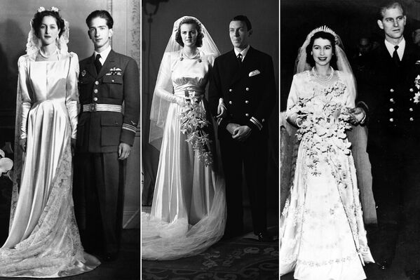 Princess Alexandra of Greece and Denmark (L) after her wedding with King Peter II of Yugoslavia on 20 March 1944; Lady Sarah Consuelo Spencer-Churchill (C) with husband, Lieutenant Edwin Russell on 15 May 1943; the future queen of Great Britain Elizabeth II with her husband Philip, Duke of Edinburgh, on 20 November 1947. - Sputnik International