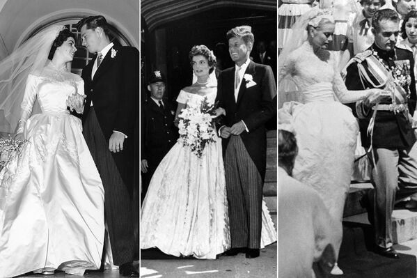 Actress Elizabeth Taylor (L) with Conrad Hilton Jr. on 6 May 1950; Jacqueline Kennedy (nee Bouvier) (C) with the future President of the United States, John Fitzgerald Kennedy on 12 September 1953; Actress Grace Kelly (R) after her wedding with Prince of Monaco Rainier III on 19 April 1956. - Sputnik International
