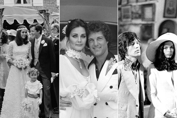 Daughter of Italian aristocrat, Olympia Aldobrandini (L) with her husband (Baron) David de Rothschild at their summer 1974 wedding in Normandy; Actress Lynda Carter (C) with her husband, producer Ron Samuels on 28 May 1977; human rights advocate Blanca Pérez-Mora Macías during her wedding with British rock musician, lead singer of the Rolling Stones, Mick Jagger, on 12 May 1971. - Sputnik International
