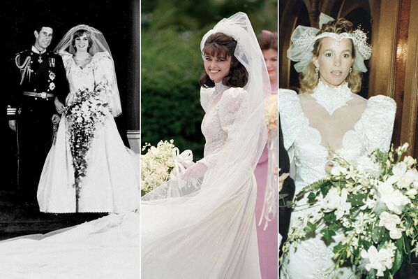 Diana, Princess of Wales (L) after her wedding with Charles, Prince of Wales, eldest son of Queen Elizabeth II, on 29 July 1981; American journalist Maria Shriver (C) before her wedding with actor and future governor of California, Arnold Schwarzenegger, on 26 April 1986; actress Janet Jones Gretzky before her wedding with Canadian hockey player Wayne Gretzky on 16 July 1988.  - Sputnik International