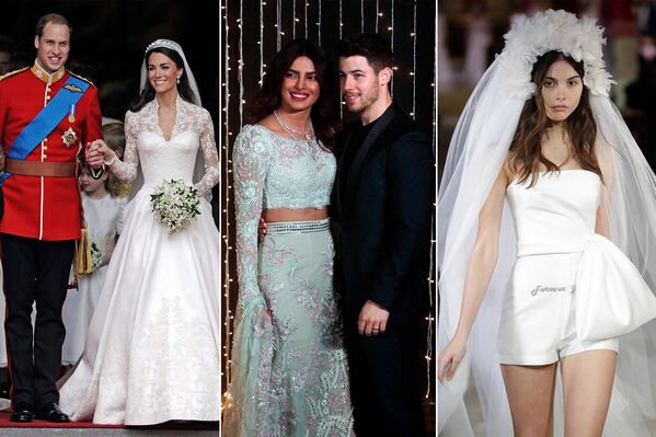 Kate Middleton, Duchess of Cambridge (L) after her wedding with Prince William, Prince of Cambridge, on 29 April 2011; Indian actress Priyanka Chopra (C) with her husband, musician Nick Jonas, on 20 December 2018; a model demonstrates clothes by Lebanese designer Reem Acra during the Bridal Week in New York on 11 April 2019.    - Sputnik International