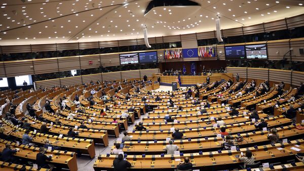 European Commission President Ursula von der Leyen addresses the plenary during her first State of the Union speech at the European Parliament in Brussels, Wednesday, Sept. 16, 2020 - Sputnik International