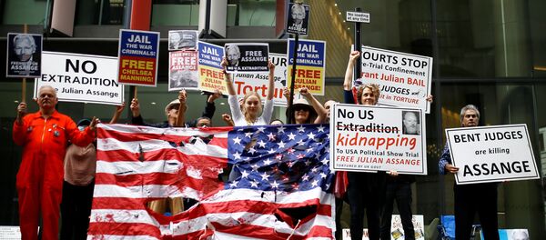 Supporters of WikiLeaks founder Julian Assange protest outside the Old Bailey, the Central Criminal Court ahead of a hearing to decide whether Assange should be extradited to the United States, in London, Britain September 9, 2020. - Sputnik International