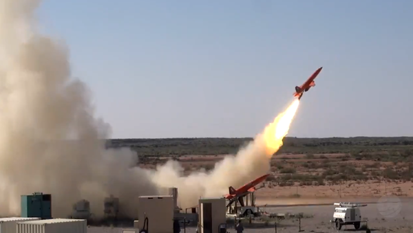 Pentagon testing of new howitzer-launched projectile designed to shoot down enemy missiles. The image shows the launch of  a drone meant to simulate a 'Russian missile'. - Sputnik International