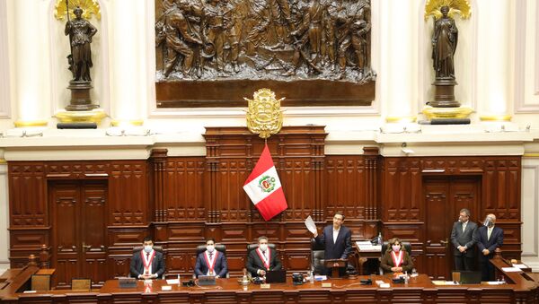 Peru's President Martin Vizcarra addresses Congress as lawmakers were set to vote over whether to oust Vizcarra after impeachment proceedings were launched last week, in Lima, Peru September 18, 2020. - Sputnik International