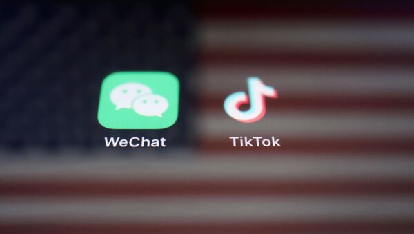 A reflection of the US flag is seen on the signs of the WeChat and TikTok apps - Sputnik International