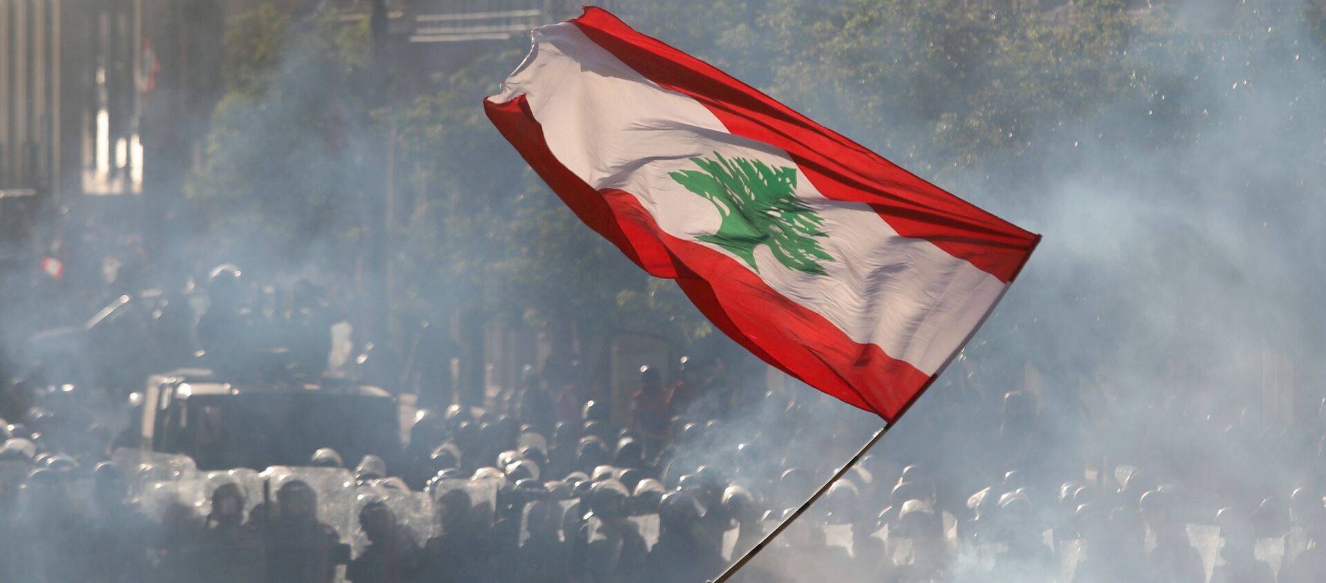 A demonstrator waves the Lebanese flag in front of riot police - Sputnik International, 1920, 30.09.2020