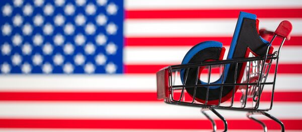A shopping cart carrying a 3D printed TikTok logo is seen in front of displayed US flag - Sputnik International