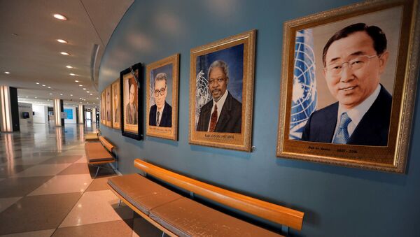 Portraits of former United Nations Secretary-Generals are seen in the empty arrivals hall at U.N. headquarters during the 75th annual U.N. General Assembly high-level debate, which is being held mostly online because of the coronavirus disease (COVID-19) outbreak in New York, U.S., 22 September ]2020. - Sputnik International