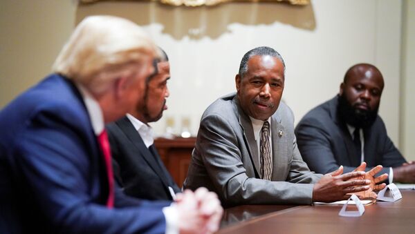 U.S. President Donald Trump listens to Secretary of Housing and Urban Development Ben Carson as he meets with Carson and other conservative black supporters in the Cabinet Room at the White House in Washington, U.S., June 10, 2020.  - Sputnik International