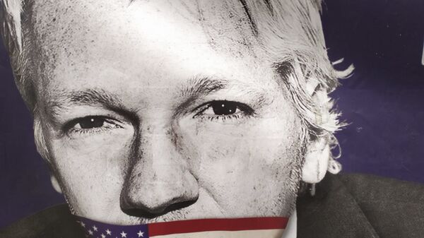 Assange with US flag covering his mouth outside Old Bailey on 29 September 2020 - Sputnik International