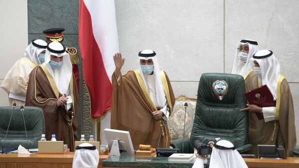 Kuwait's new Emir Nawwaf al-Ahmad al-Sabah gestures as he takes the oath of office at the parliament, in Kuwait City, Kuwait September 30, 2020 - Sputnik International