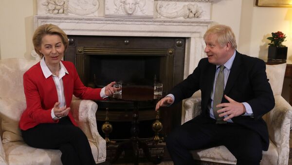 Britain's Prime Minister Boris Johnson talks to European Commission President Ursula von der Leyen inside Downing Street in London, Wednesday, Jan. 8, 2020 - Sputnik International