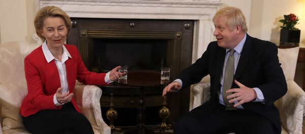 Britain's Prime Minister Boris Johnson talks to European Commission President Ursula von der Leyen inside Downing Street in London, Wednesday, Jan. 8, 2020 - Sputnik International