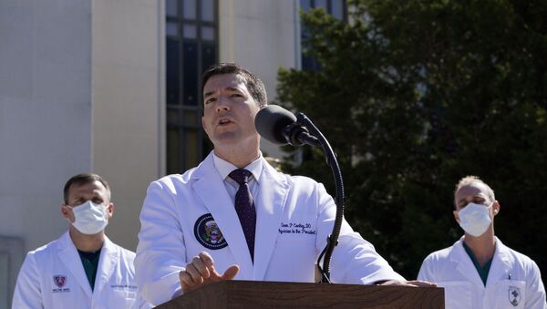 Dr. Sean Conley, physician to President Donald Trump, briefs reporters at Walter Reed National Military Medical Center in Bethesda, Md., Saturday, Oct. 3, 2020. Trump was admitted to the hospital after contracting the coronavirus. (AP Photo/Susan Walsh) - Sputnik International