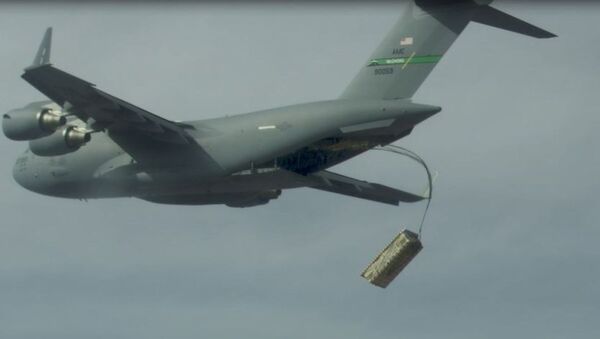 A high altitude airdrop of palletized munitions (JASSM simulants) from a C-17 using standard operational airdrop procedures was conducted during the Air Force’s Advanced Battle Management Family of Systems (ABMS) Onramp #2 activities. - Sputnik International