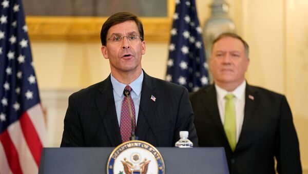 U.S. Defense Secretary Mark Esper speaks next to U.S. Secretary of State Mike Pompeo during a news conference to announce the Trump administration's restoration of sanctions on Iran, at the U.S. State Department in Washington, U.S., September 21, 2020.  - Sputnik International