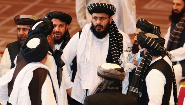 Taliban delegates speak during talks between the Afghan government and Taliban insurgents in Doha, Qatar September 12, 2020. - Sputnik International