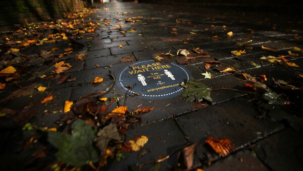 A social distancing sign is seen among autumn leaves, following the outbreak of the coronavirus disease (COVID-19), in St. Albans, Britain, October 8, 2020 - Sputnik International