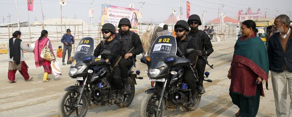 Uttar Pradesh police Anti-Terrorism Squad patrol on motorbikes at the spiritual-cleansing Kumbh Festival in Allahabad, India, Monday, Jan.14, 2019 Uttar Pradesh police Anti-Terrorism Squad patrol on motorbikes at the spiritual-cleansing Kumbh Festival in Allahabad, India, Monday, Jan.14, 2019 - Sputnik International