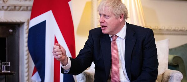 Britain's Prime Minister Boris Johnson meets Ukraine's President Volodymyr Zelenskiy (not pictured) in Downing Street in London, Britain October 8, 2020. - Sputnik International