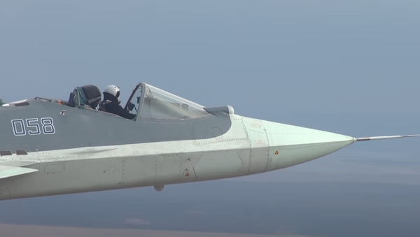 Sukhoi Su-57 fighter jet flying without a canopy during testing. - Sputnik International