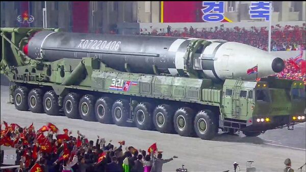 Screengrab of North Korean television showing massive new, never-before-seen ICBM in Pyongyang at celebrations marking the 75th anniversary of the founding of the Democratic People's Republic of Korea, Saturday, October 10, 2020. - Sputnik International