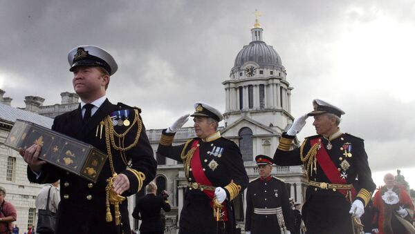 Officers from the Royal Navy re-enact the funeral of Britain's greatest naval hero, Admiral Horatio Nelson during a ceremony at the Maritime Museum in Greenwich, London, Friday, Sept, 16, 2005.  - Sputnik International