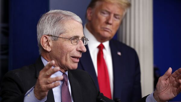 President Donald Trump watches as Dr. Anthony Fauci, director of the National Institute of Allergy and Infectious Diseases, speaks about the coronavirus in the James Brady Press Briefing Room of the White House, Wednesday, April 22, 2020, in Washington.  - Sputnik International