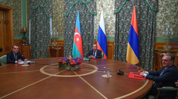 Trilateral talks between Russia, Armenia, and Azerbaijan on the Nagorno-Karabakh conflict take place in Moscow, 9 October 2020 - Sputnik International