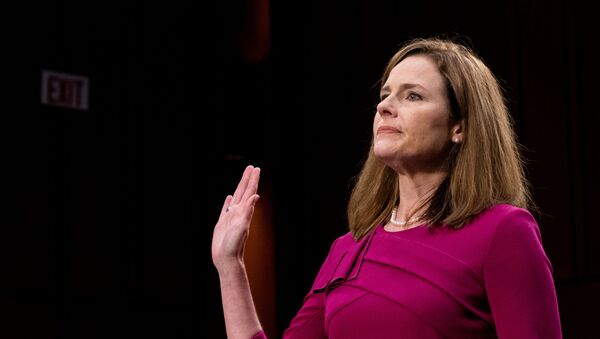 U.S. Supreme Court nominee Amy Coney Barrett is sworn in during her confirmation hearing before the Senate Judiciary Committee on Capitol Hill in Washington , D.C., U.S., October 12, 2020. - Sputnik International