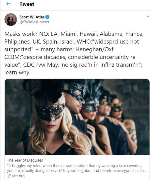 White House Coronavirus Adviser's Post About Using Masks Gets Deleted by Twitter White House Coronavirus Adviser's Post About Using Masks Gets Deleted by Twitter - Sputnik International