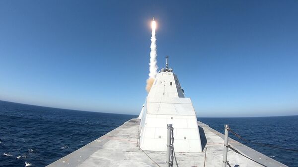 USS Zumwalt (DDG 1000) successfully executed the first live fire test of the MK 57 Vertical Launching System with a Standard Missile (SM-2) on the Naval Air Weapons Center Weapons Division Sea Test Range, Point Mugu, Oct. 13. - Sputnik International