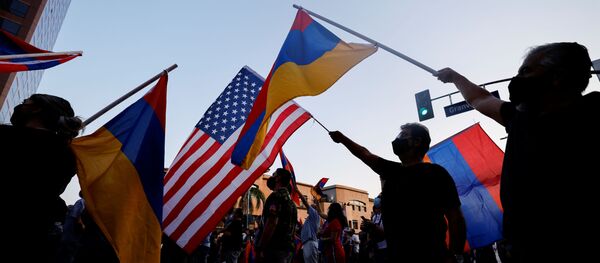 People take part in a protest by Armenian Youth Federation against what they call Azerbaijan's aggression against Armenia and the breakaway Nagorno-Karabakh region outside the Azerbaijani Consulate General in Los Angeles, California, U.S., September 30, 2020. People take part in a protest by Armenian Youth Federation against what they call Azerbaijan's aggression against Armenia and the breakaway Nagorno-Karabakh region outside the Azerbaijani Consulate General in Los Angeles, California, U.S., September 30, 2020. - Sputnik International