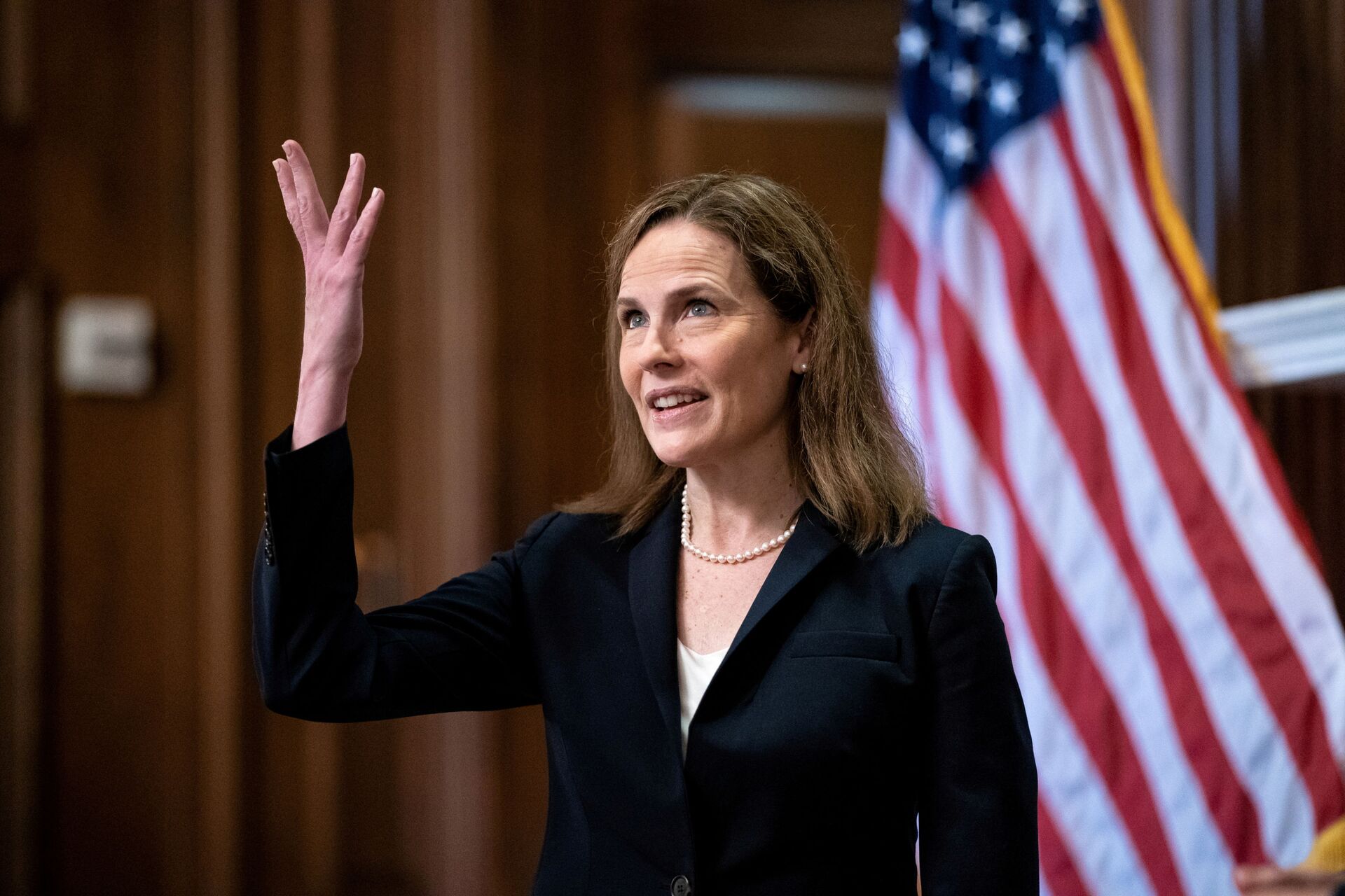 FILE PHOTO: Judge Amy Coney Barrett, U.S. President Donald Trump's Nominee for Supreme Court, gestures during a photo before a meeting with Senator Roy Blunt (R-Mo) on Capitol Hill in Washington DC, U.S. October 21, 2020 - Sputnik International, 1920, 15.10.2021