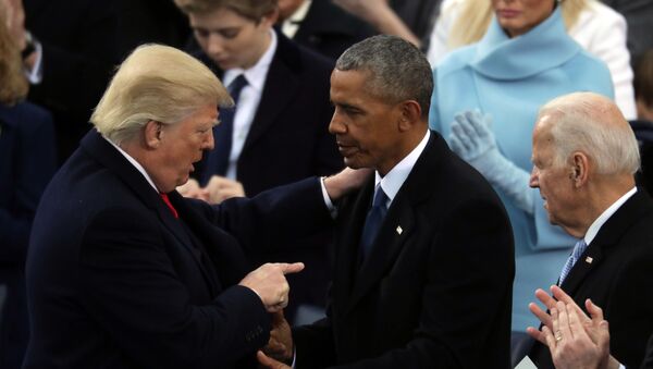 Former U.S. President Barack Obama (C) and former Vice President Joe Biden (R) congratulate U.S. President Donald Trump after he took the oath of office on the West Front of the U.S. Capitol on January 20, 2017 in Washington - Sputnik International