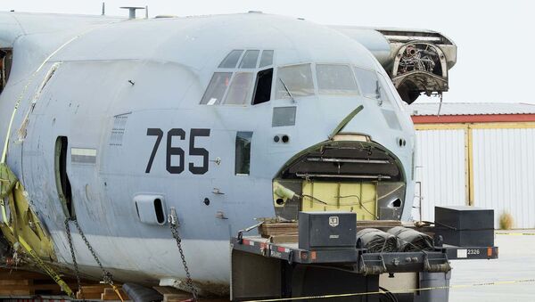The nose section of a US Marine Corps KC-130J Hercules aerial tanker aircraft that crash-landed in California on September 29 following a mid-air collision with an F-35 - Sputnik International