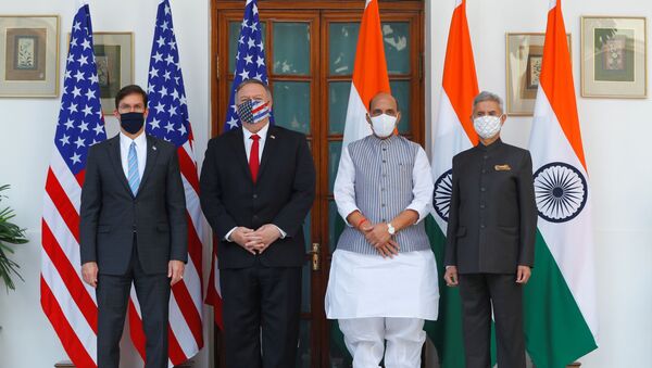 US Secretary of State Mike Pompeo, US Secretary of Defense Mark Esper pose for a picture with India's Foreign Minister Subrahmanyam Jaishankar and India?s Defence Minister Rajnath Singh during a photo opportunity ahead of their meeting at Hyderabad House in New Delhi, India, October 27, 2020 - Sputnik International