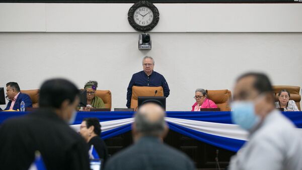 The president of the National Assembly Gustavo Porras speaks during a parliamentary session on the approval of the Ley de Regulacion de Agentes Extranjeros(Law for the Regulation of Foreign Agents), at the Nicaraguan parliament building in Managua, Nicaragua October 15, 2020 - Sputnik International