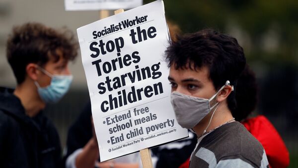 A boy holds a banner during a protest demanding free school meals for children in England - Sputnik International