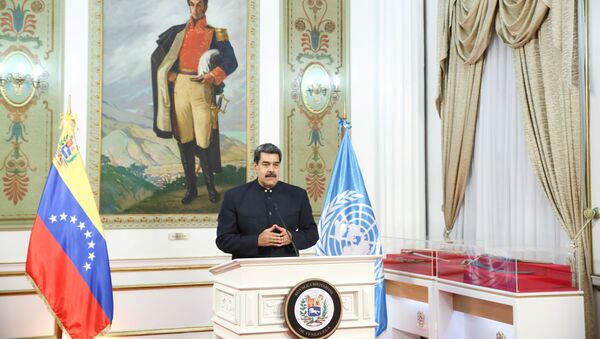 Venezuela's President Nicolas Maduro speaks virtually during the 75th annual U.N. General Assembly, which is being held mostly virtually due to the coronavirus disease (COVID-19) pandemic, from Miraflores Palace in Caracas, Venezuela September 23, 2020. - Sputnik International