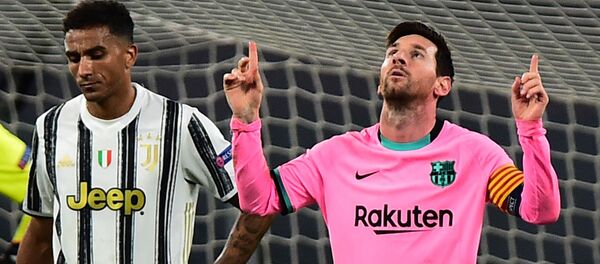 Soccer Football - Champions League - Group G - Juventus v FC Barcelona - Allianz Stadium, Turin, Italy - 28 October 2020,  Barcelona's Lionel Messi celebrates scoring the team's second goal. - Sputnik International