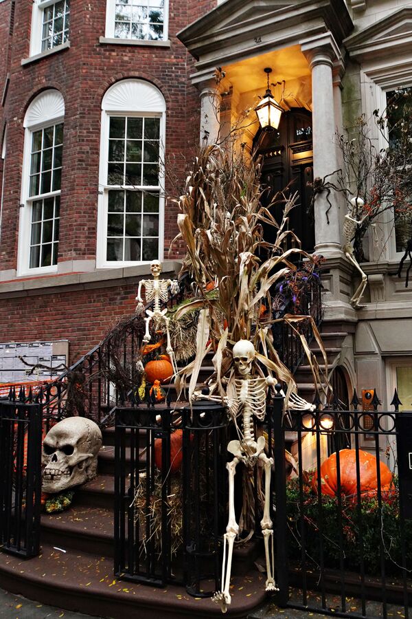 Skeletons, pumpkins are placed outside a home in New York City to decorate the area for Halloween. - Sputnik International